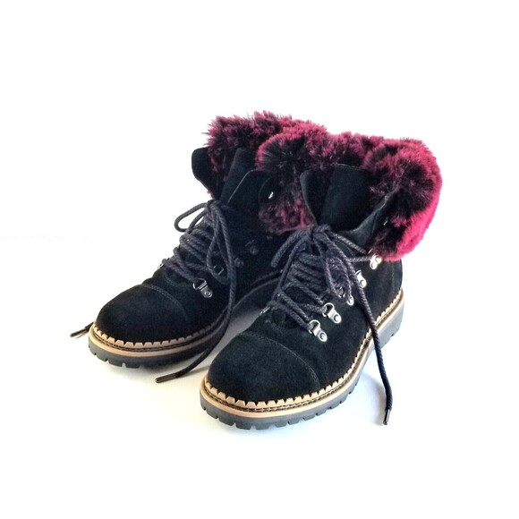 SAM EDELMAN Women's Black Suede Bowen Fashion Boots Sz 7 37 Dk Red Faux Fur Cuff - Picture 2 of 14